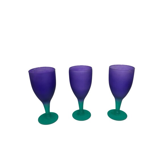 Wine Water Goblet Frosted Purple Green Hand Blown Glass Stemware Set Of 3 Mexico - Picture 3 of 14
